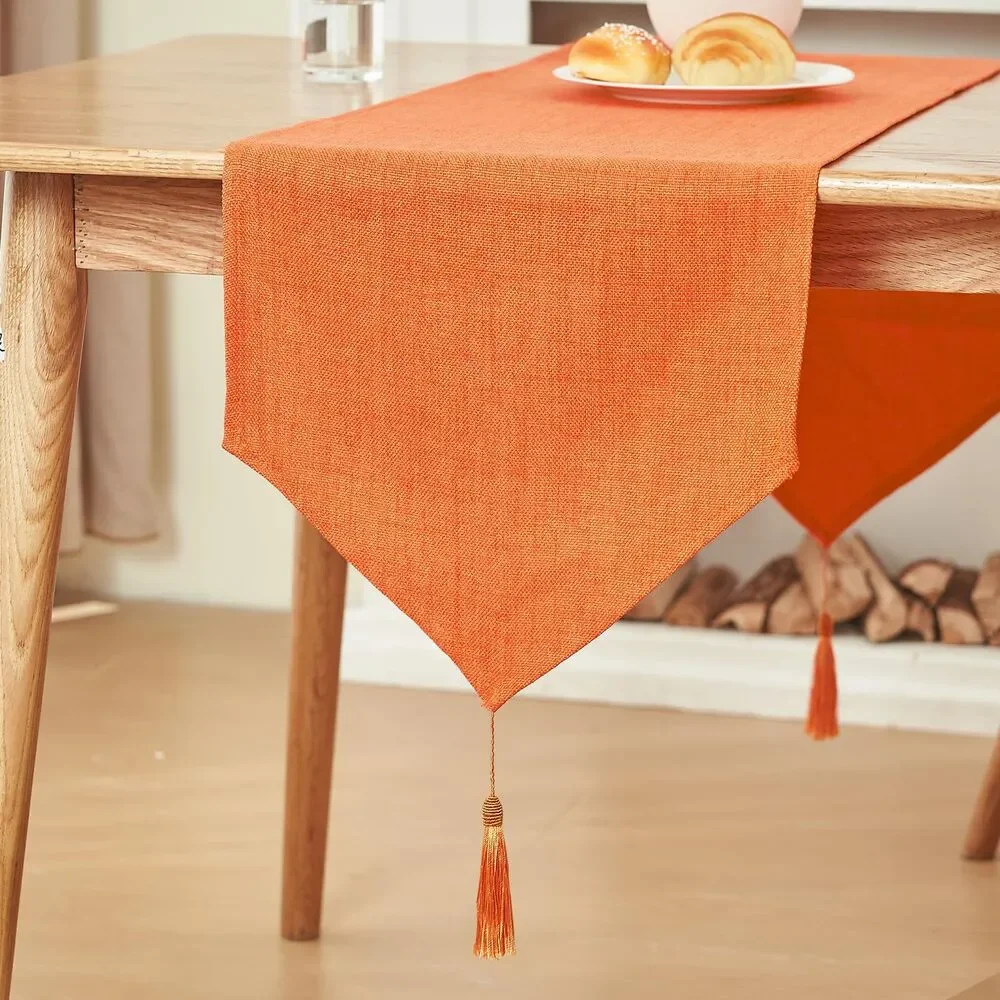 14x95 Inch, Faux Burlap Orange Spring Table Runner with Tassels